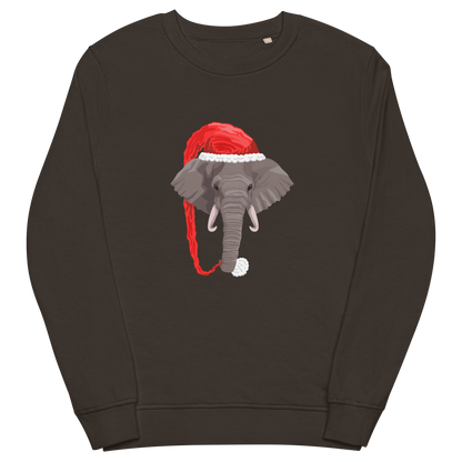 Deep Charcoal Grey Organic Christmas Elephant Sweatshirt featuring a delight Elephant Wearing an Elf Hat graphic on the chest - Funny Christmas Graphic Elephant Sweatshirts - Boozy Fox