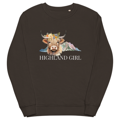 Deep Charcoal grey Organic Cotton Highland Cow Sweatshirt showcasing an adorable Highland Girl graphic on the chest - Cute Graphic Highland Cow Sweatshirts - Boozy Fox