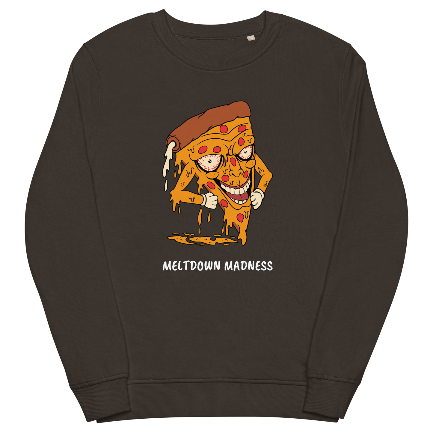 Deep Charcoal Grey Organic Cotton Melting Pizza Sweatshirt featuring a Meltdown Madness graphic on the chest - Funny Graphic Pizza Sweatshirts - Boozy Fox