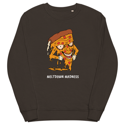 Deep Charcoal Grey Organic Cotton Melting Pizza Sweatshirt featuring a Meltdown Madness graphic on the chest - Funny Graphic Pizza Sweatshirts - Boozy Fox