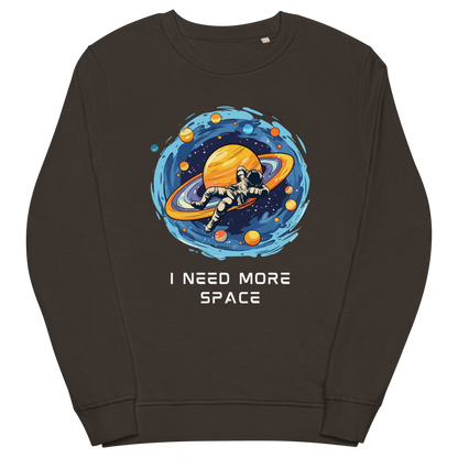 Deep Charcoal Grey Organic Cotton Astronaut Sweatshirt featuring a captivating I Need More Space graphic on the chest - Funny Graphic Space Sweatshirts - Boozy Fox