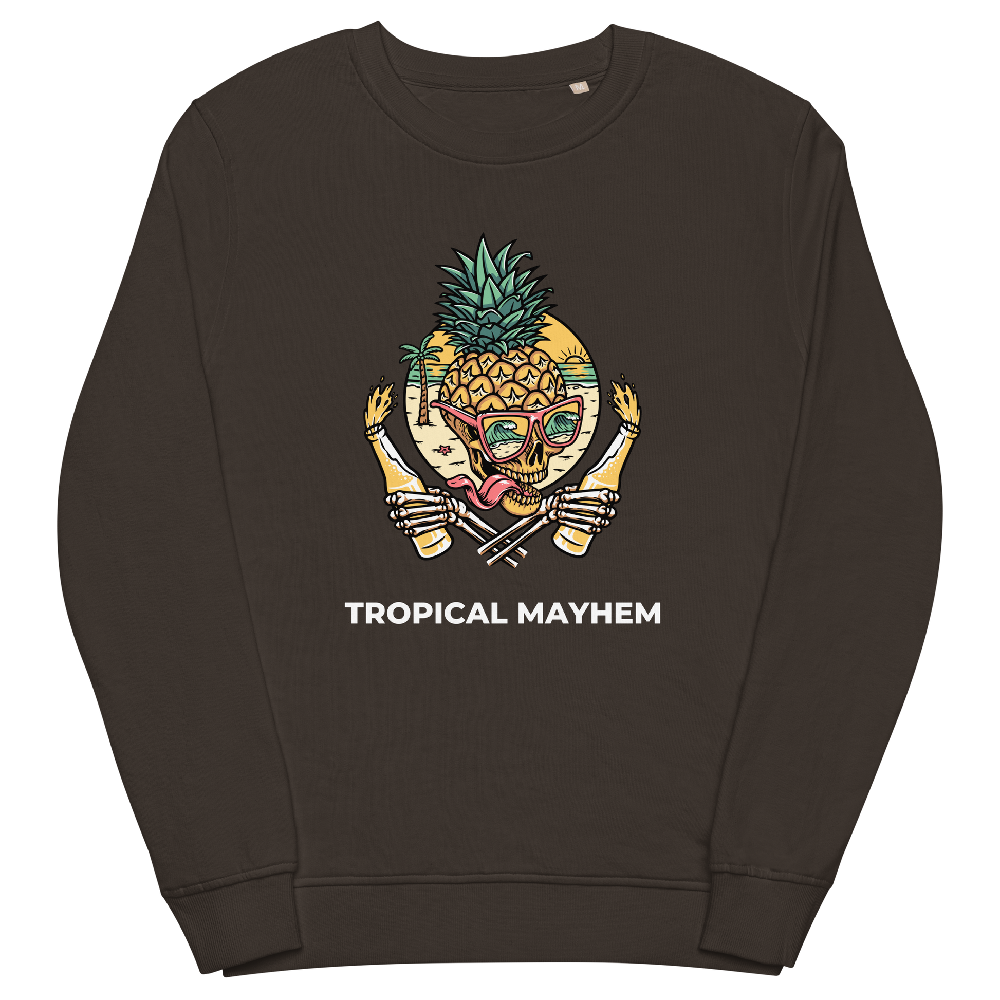 Deep Charcoal Grey Organic Cotton Tropical Mayhem Sweatshirt featuring a Crazy Pineapple Skull graphic on the chest - Funny Graphic Pineapple Sweatshirts - Boozy Fox