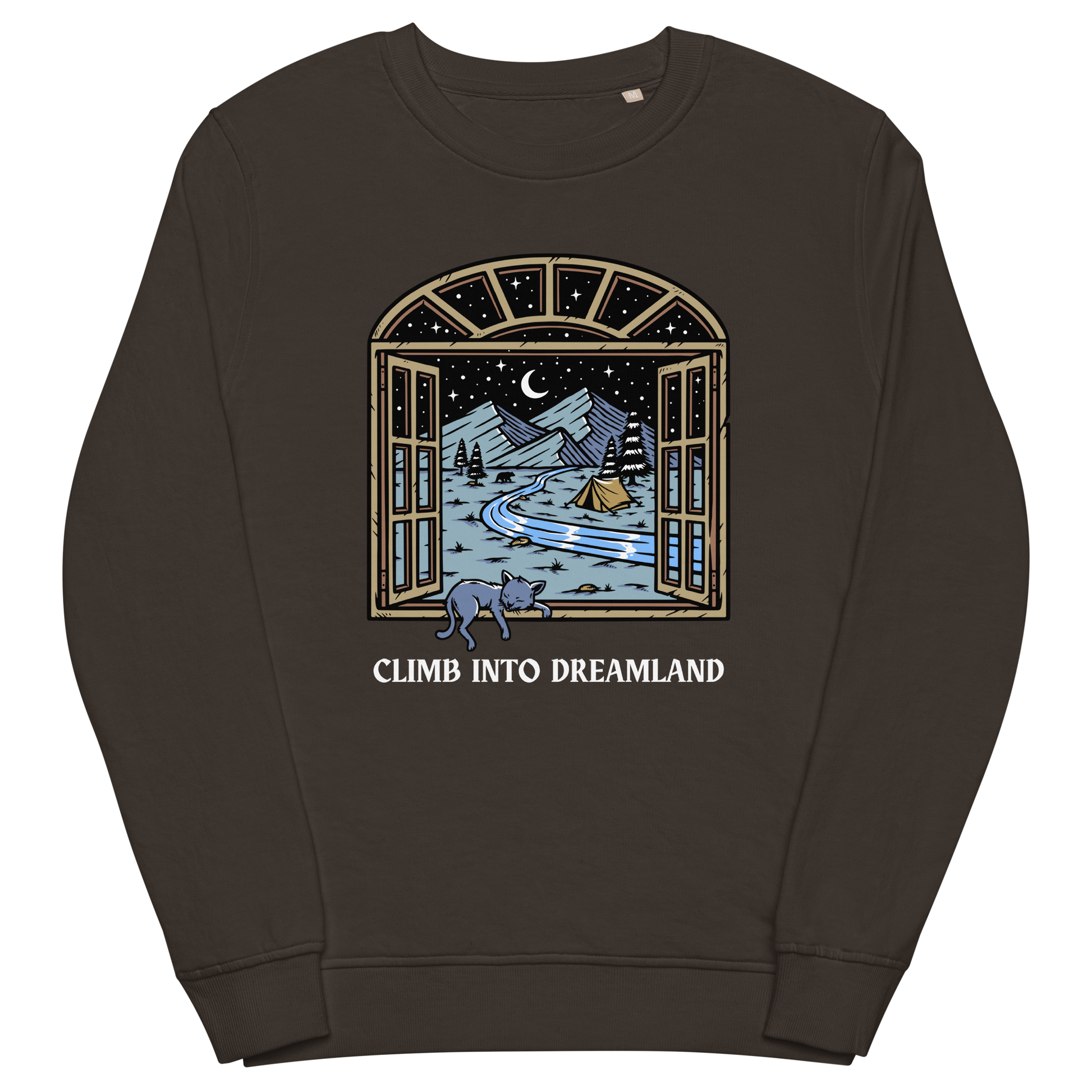 Deep Charcoal Grey Organic Cotton Climb Into Dreamland Sweatshirt featuring a mesmerizing mountain view graphic on the chest - Cool Graphic Nature Sweatshirts - Boozy Fox