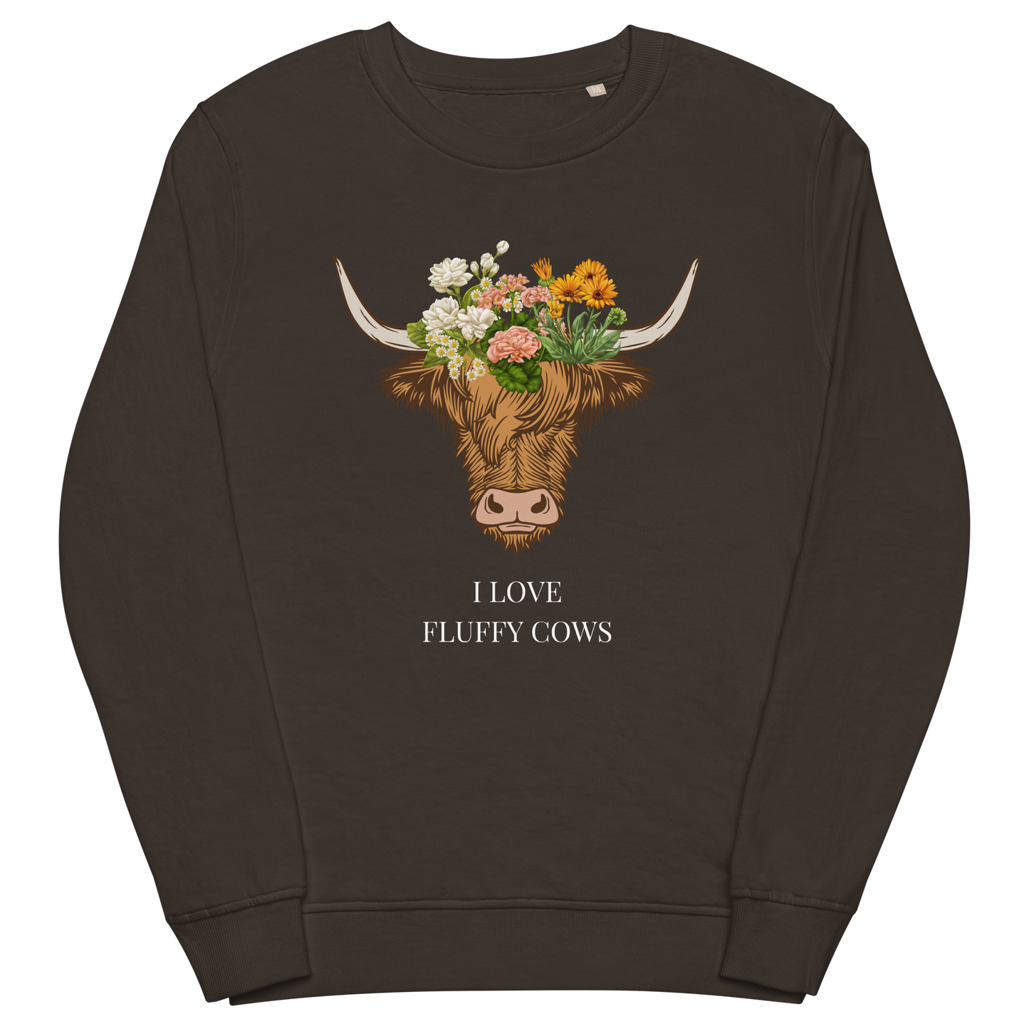 Deep Charcoal Grey Organic Cotton Highland Cow Sweatshirt featuring an adorable I Love Fluffy Cows graphic on the chest - Cute Graphic Highland Cow Sweatshirts - Boozy Fox