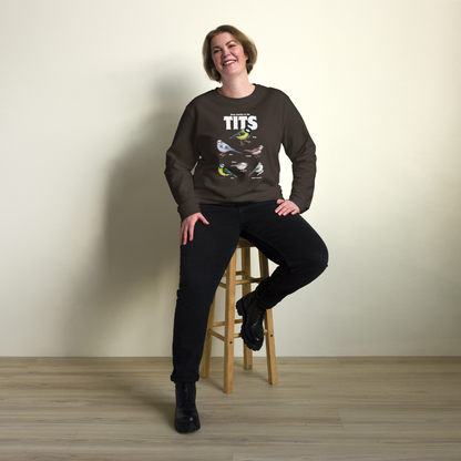 Smiling woman wearing a Deep Charcoal Grey Organic Cotton Tit Sweatshirt featuring a funny Stop Staring At My Tits graphic on the chest - Funny Graphic Tit Bird Sweatshirts - Boozy Fox