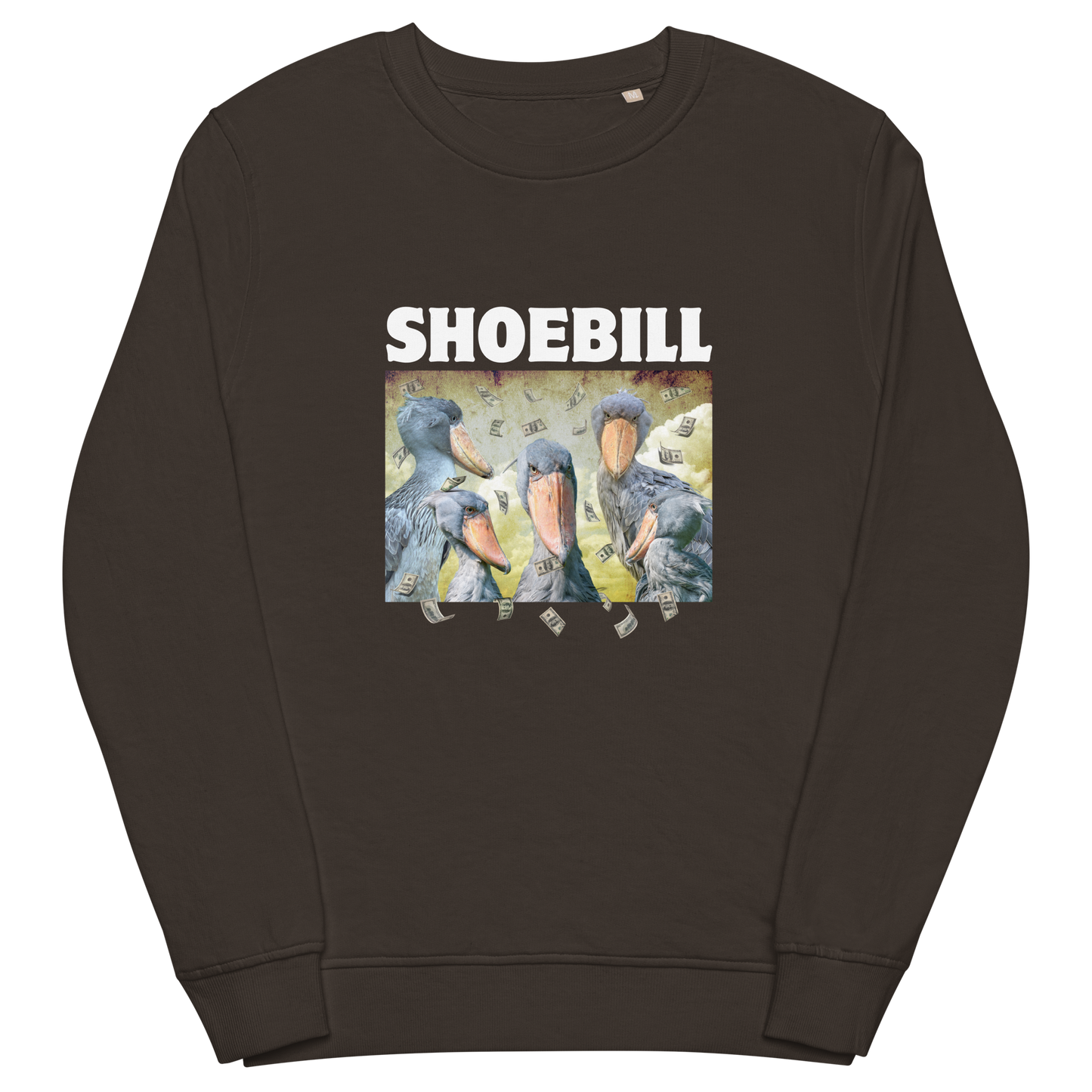 Deep Charcoal Grey Shoebill Organic Sweatshirt featuring a cool Shoebill graphic on the chest - ArtsyFunny Graphic Shoebill Stork Sweatshirts - Boozy Fox