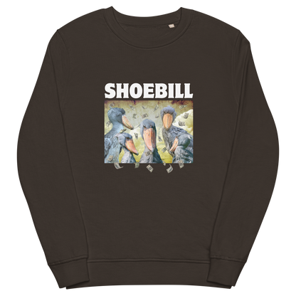 Deep Charcoal Grey Shoebill Organic Sweatshirt featuring a cool Shoebill graphic on the chest - ArtsyFunny Graphic Shoebill Stork Sweatshirts - Boozy Fox