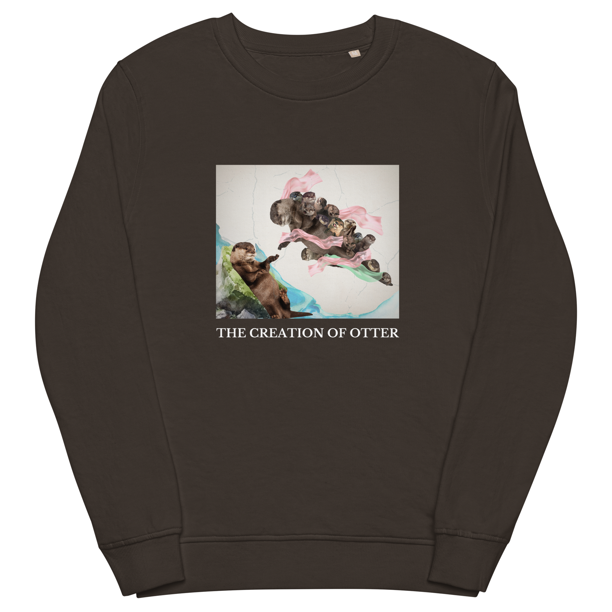 Deep Charcoal Grey Organic Otter Sweatshirt featuring a playful The Creation of Otter parody of Michelangelo's masterpiece - Artsy/Funny Graphic Otter Sweatshirts - Boozy Fox