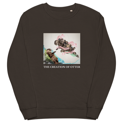 Deep Charcoal Grey Organic Otter Sweatshirt featuring a playful The Creation of Otter parody of Michelangelo's masterpiece - Artsy/Funny Graphic Otter Sweatshirts - Boozy Fox