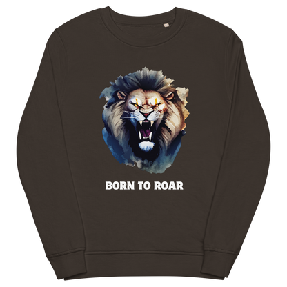 Funny Born to Roar Lion Organic Cotton Sweatshirt in deep charcoal grey by Boozy Fox