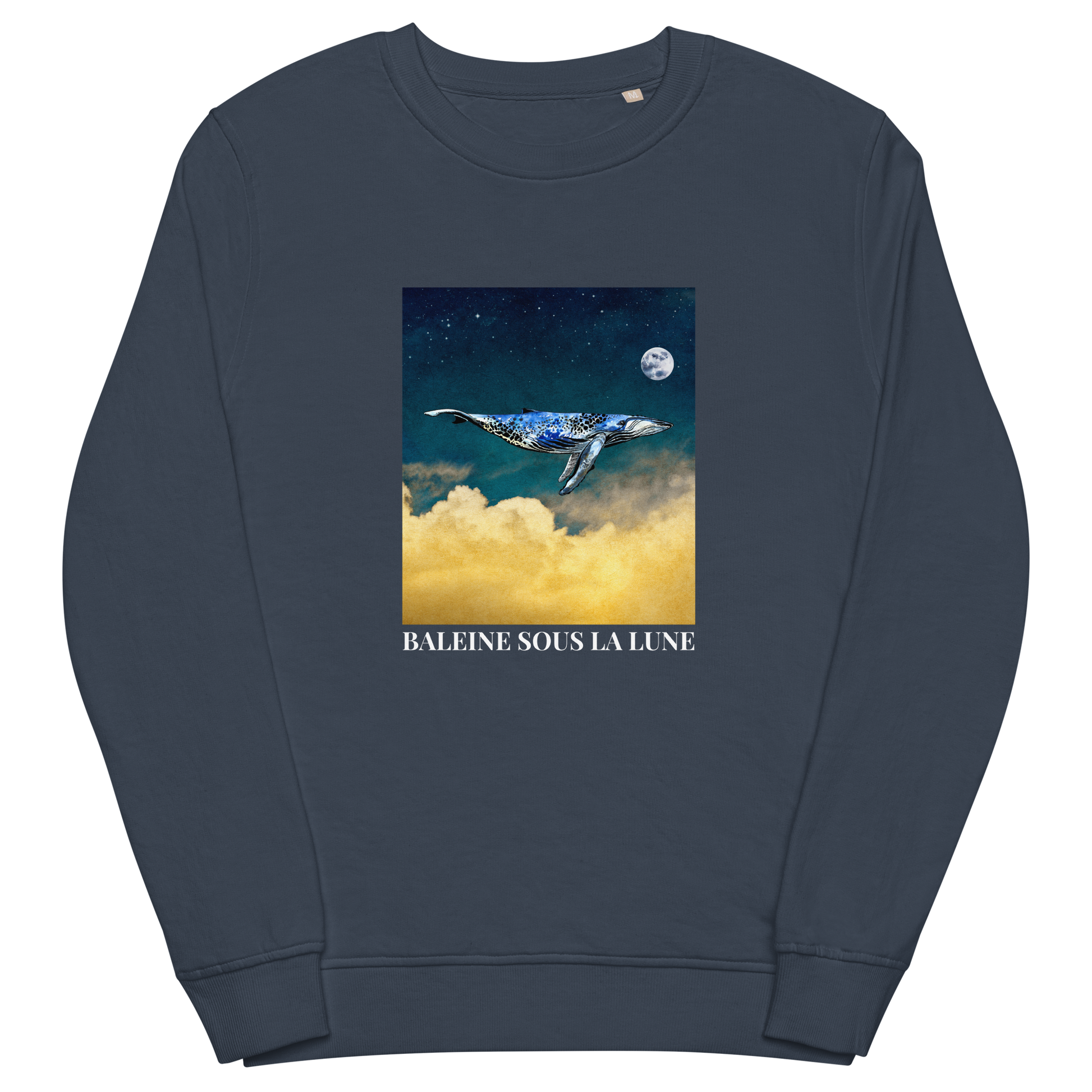 French Navy Organic Cotton Whale Sweatshirt showcasing an enchanting Whale Under The Moon graphic on the chest - Cool Whale Graphic Sweatshirts - Boozy Fox