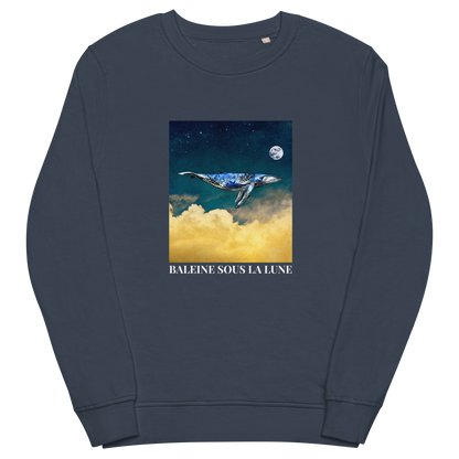 French Navy Organic Cotton Whale Sweatshirt showcasing an enchanting Whale Under The Moon graphic on the chest - Cool Whale Graphic Sweatshirts - Boozy Fox