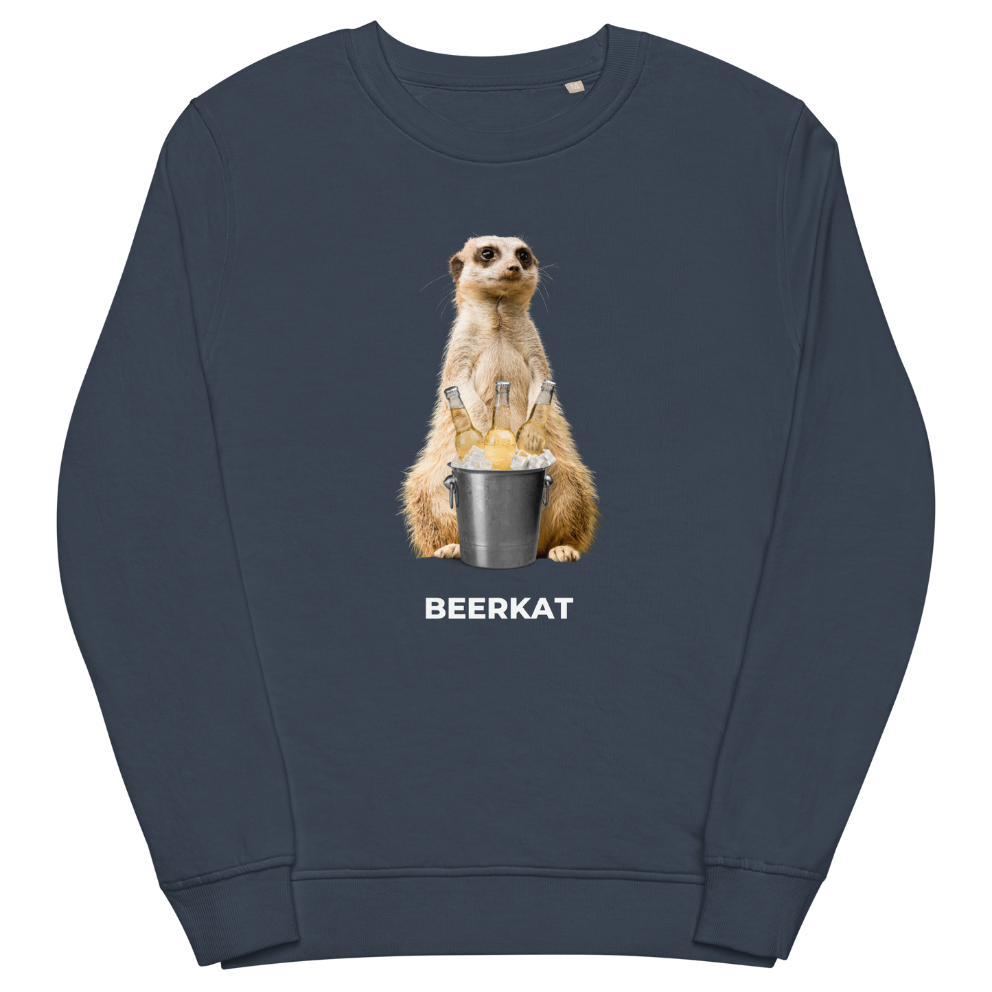 French Navy Organic Cotton Meerkat Sweatshirt featuring a hilarious Beerkat graphic on the chest - Funny Graphic Meerkat Sweatshirts - Boozy Fox