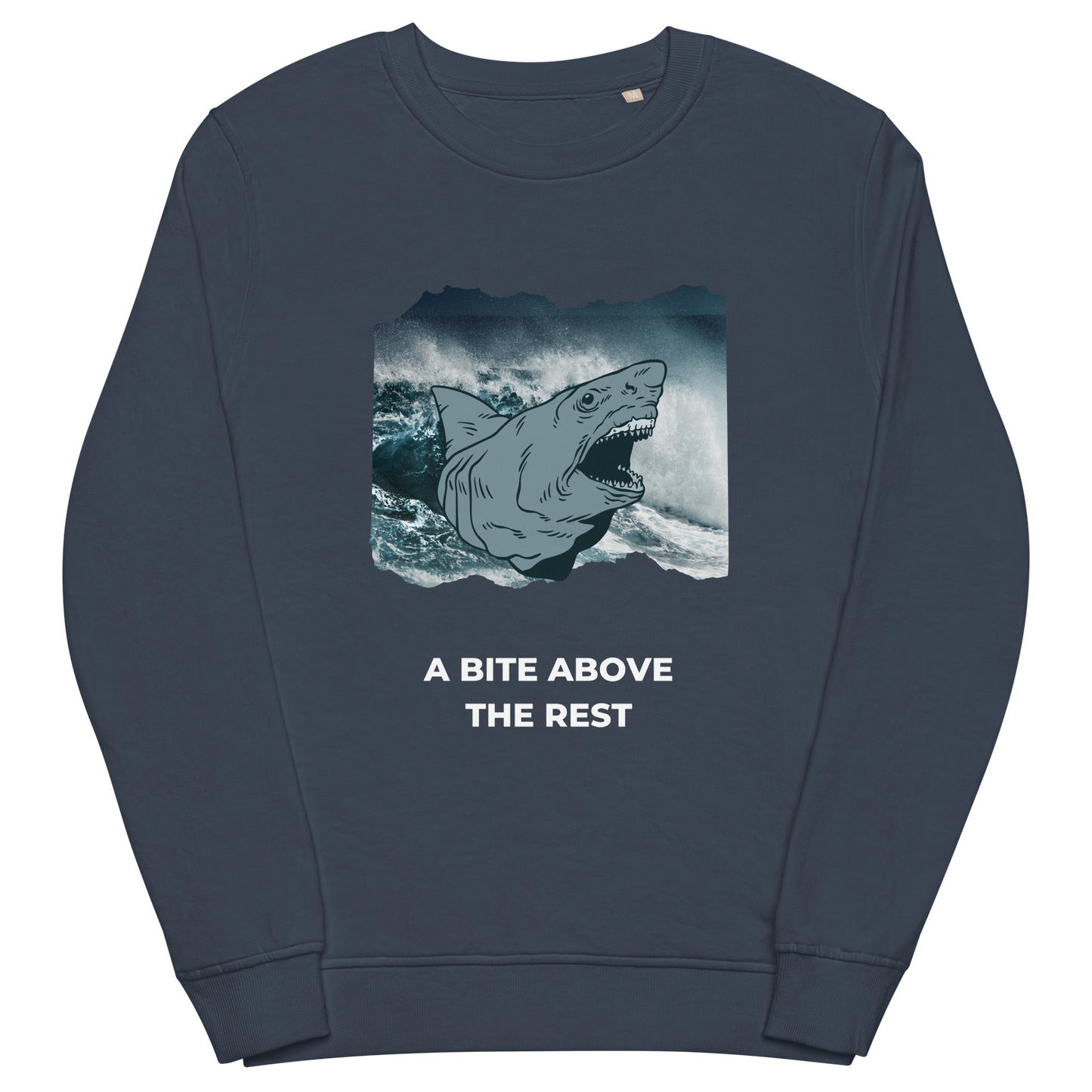 French Navy Organic Cotton Megalodon Sweatshirt featuring the jaw-dropping 'A Bite Above the Rest' graphic on the chest - Funny Graphic Megalodon Sweatshirts - Boozy Fox