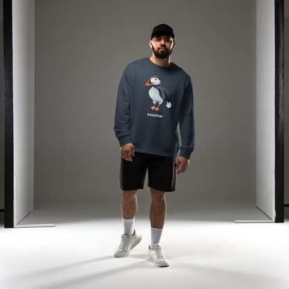 Man wearing a French Navy Organic Cotton Puffin Sweatshirt featuring a comic Puuffin' graphic on the chest - Funny Graphic Puffin Sweatshirts - Boozy Fox