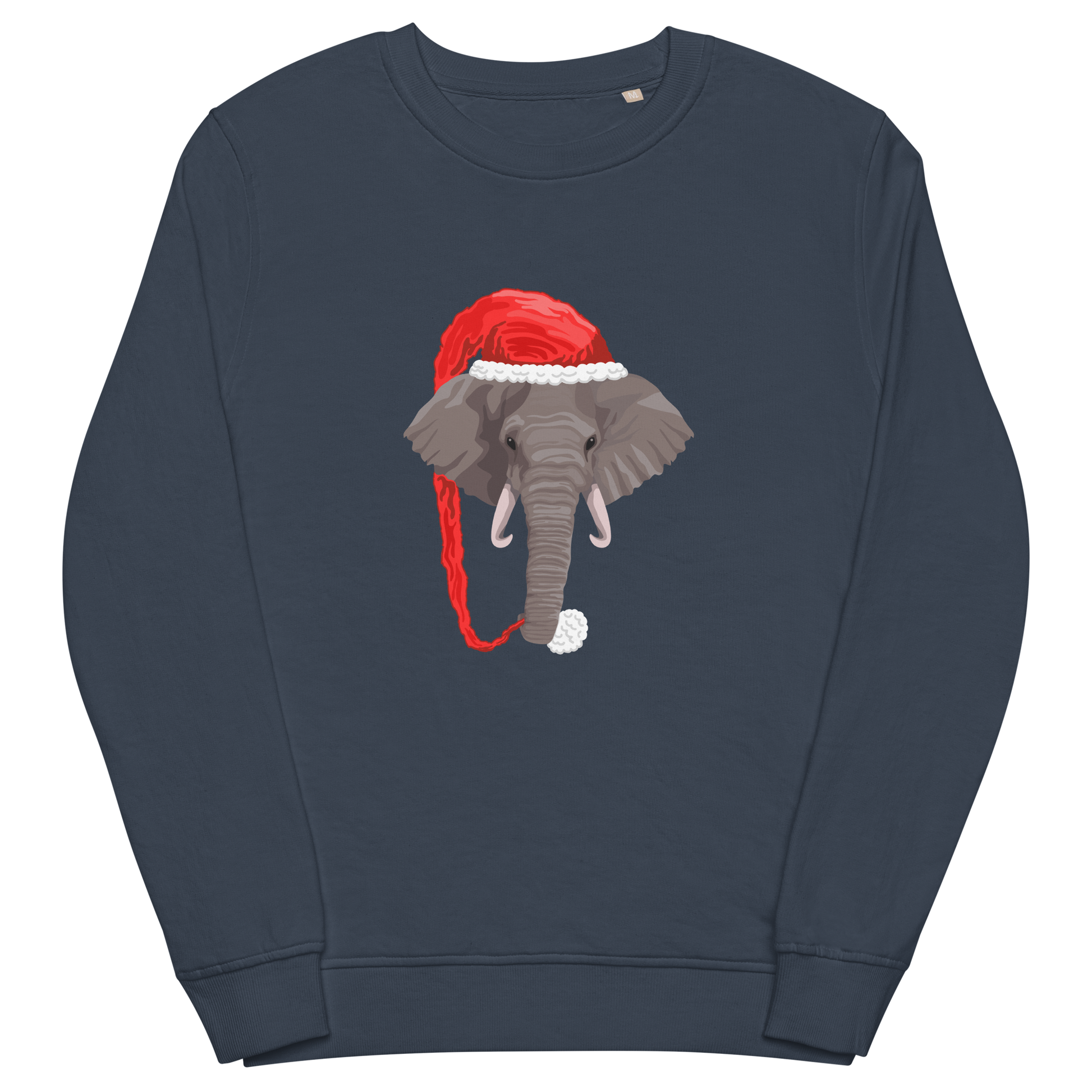 French Navy Organic Christmas Elephant Sweatshirt featuring a delight Elephant Wearing an Elf Hat graphic on the chest - Funny Christmas Graphic Elephant Sweatshirts - Boozy Fox