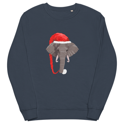 French Navy Organic Christmas Elephant Sweatshirt featuring a delight Elephant Wearing an Elf Hat graphic on the chest - Funny Christmas Graphic Elephant Sweatshirts - Boozy Fox