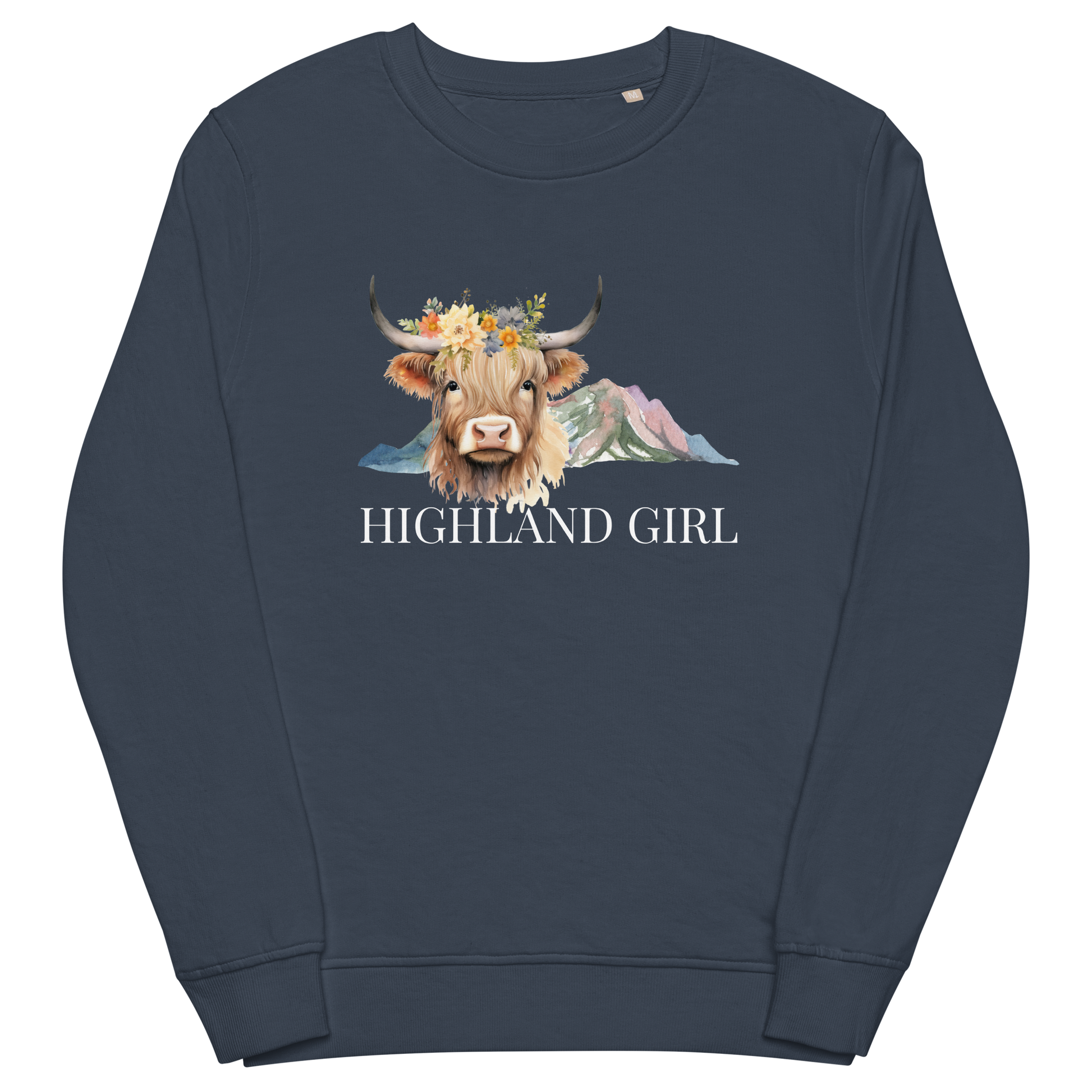 French Navy Organic Cotton Highland Cow Sweatshirt showcasing an adorable Highland Girl graphic on the chest - Cute Graphic Highland Cow Sweatshirts - Boozy Fox