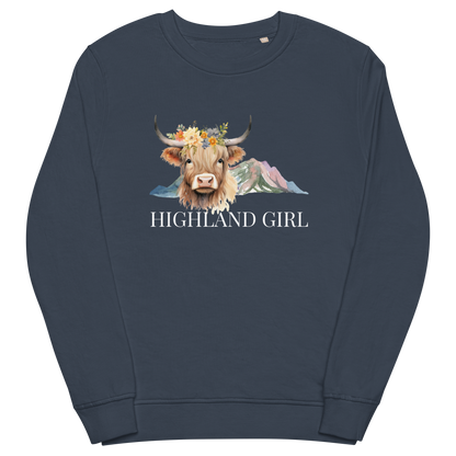 French Navy Organic Cotton Highland Cow Sweatshirt showcasing an adorable Highland Girl graphic on the chest - Cute Graphic Highland Cow Sweatshirts - Boozy Fox