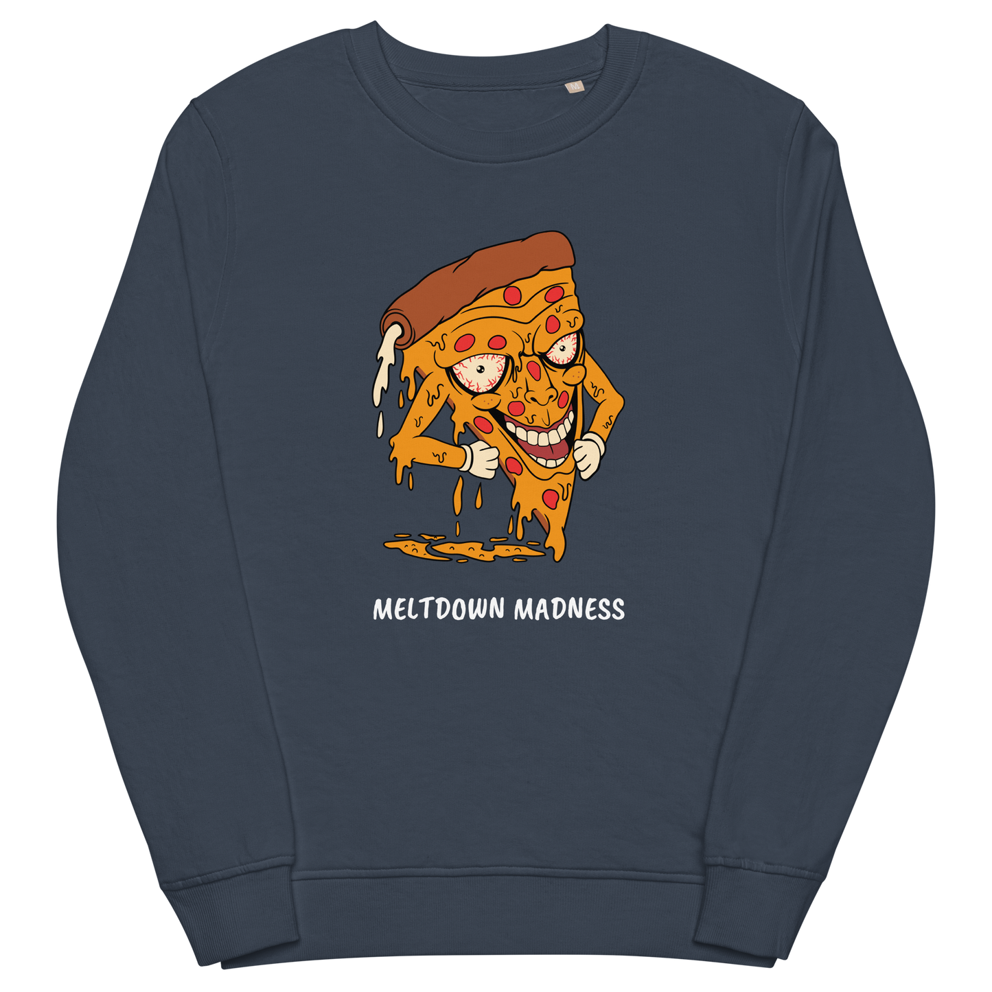 French Navy Organic Cotton Melting Pizza Sweatshirt featuring a Meltdown Madness graphic on the chest - Funny Graphic Pizza Sweatshirts - Boozy Fox