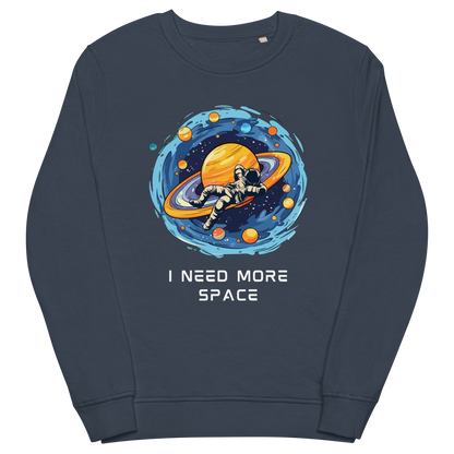 French Navy Organic Cotton Astronaut Sweatshirt featuring a captivating I Need More Space graphic on the chest - Funny Graphic Space Sweatshirts - Boozy Fox