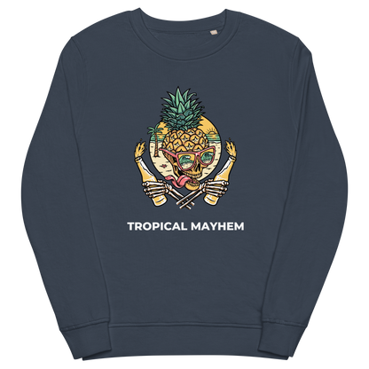 French Navy Organic Cotton Tropical Mayhem Sweatshirt featuring a Crazy Pineapple Skull graphic on the chest - Funny Graphic Pineapple Sweatshirts - Boozy Fox
