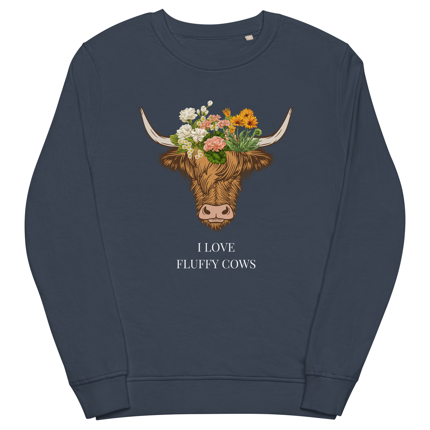 French Navy Organic Cotton Highland Cow Sweatshirt featuring an adorable I Love Fluffy Cows graphic on the chest - Cute Graphic Highland Cow Sweatshirts - Boozy Fox