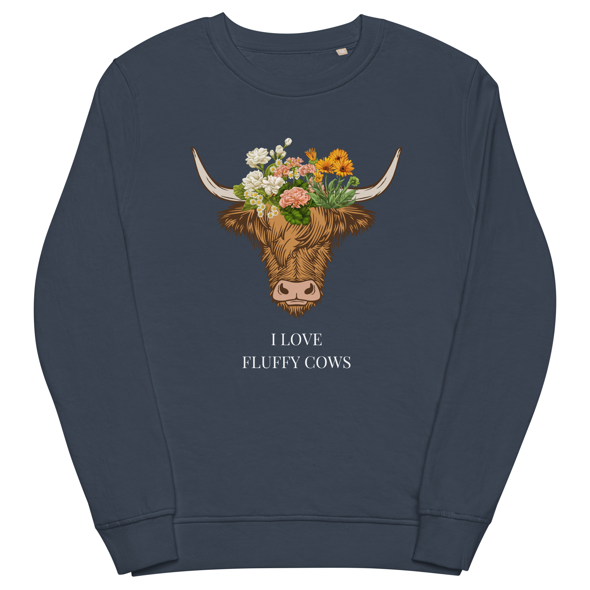 French Navy Organic Cotton Highland Cow Sweatshirt featuring an adorable I Love Fluffy Cows graphic on the chest - Cute Graphic Highland Cow Sweatshirts - Boozy Fox