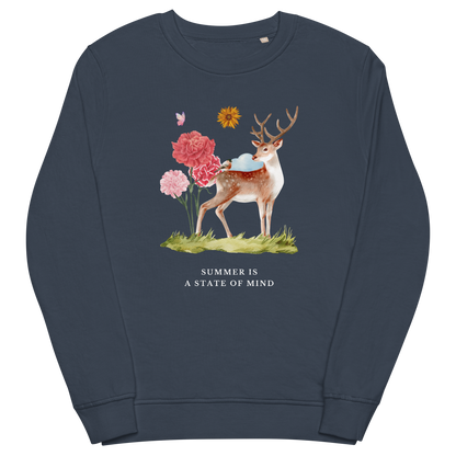 French Navy Organic Cotton Summer Is a State of Mind Sweatshirt featuring a Summer Is a State of Mind graphic on the chest - Cute Graphic Summer Sweatshirts - Boozy Fox