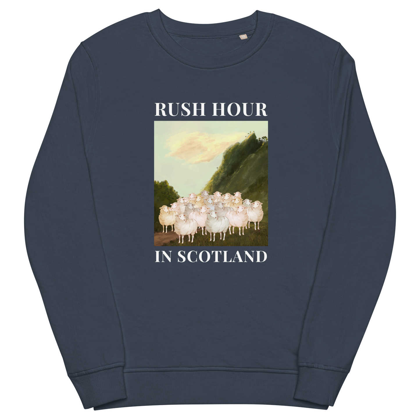 French Navy Sheep Organic Sweatshirt featuring a comical Rush Hour In Scotland graphic on the chest - Artsy & Funny Graphic Sheep Sweatshirts - Boozy Fox