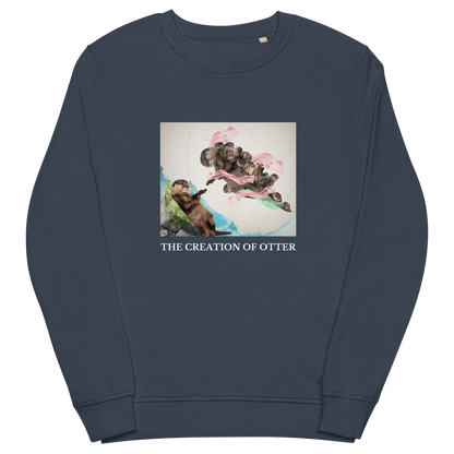 French Navy Organic Otter Sweatshirt featuring a playful The Creation of Otter parody of Michelangelo's masterpiece - Artsy/Funny Graphic Otter Sweatshirts - Boozy Fox