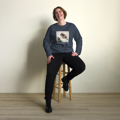 Woman wearing a French Navy Organic Otter Sweatshirt featuring a playful The Creation of Otter parody of Michelangelo's masterpiece - Artsy/Funny Graphic Otter Sweatshirts - Boozy Fox