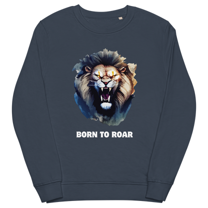 Funny Born to Roar Lion Organic Cotton Sweatshirt in French navy by Boozy Fox