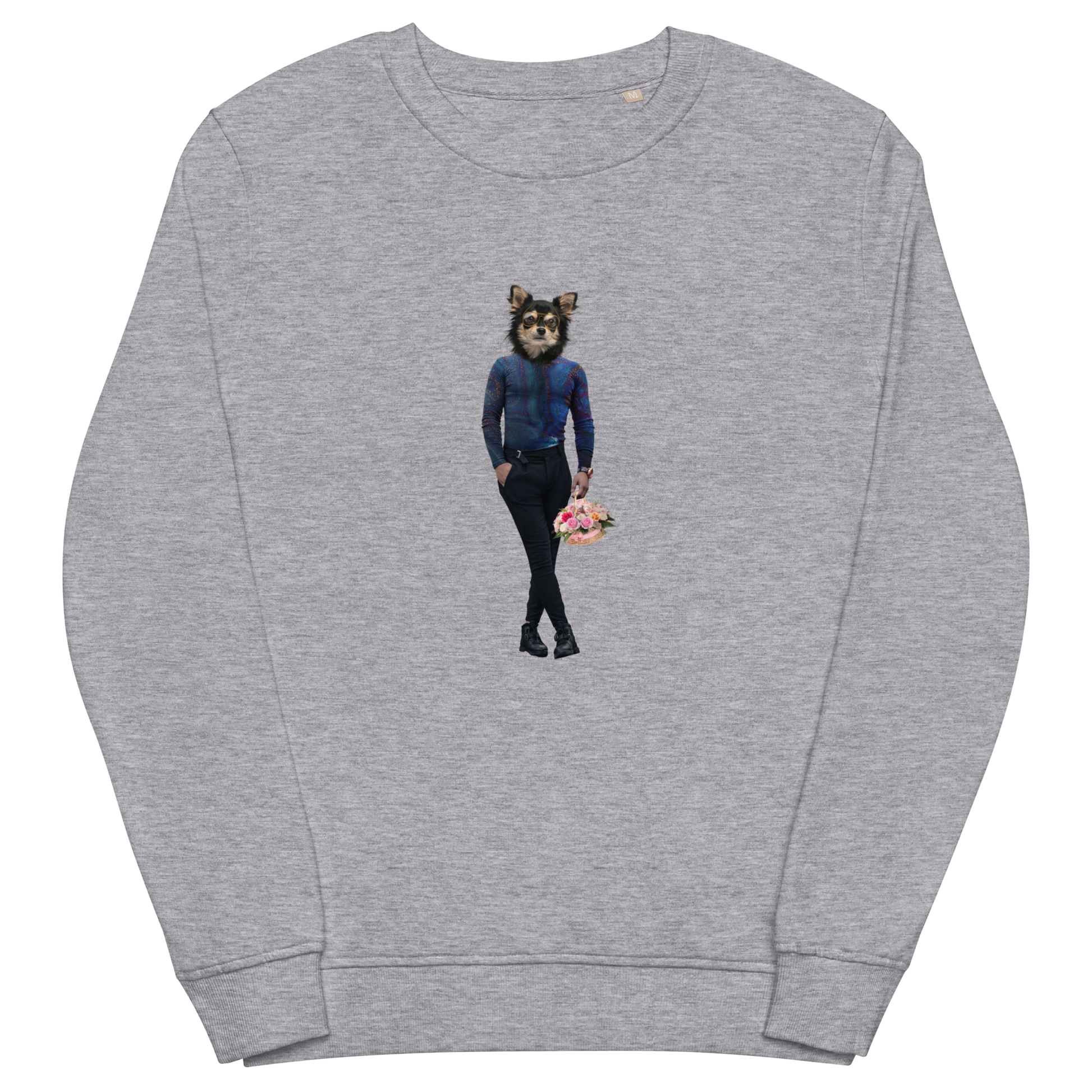 Grey Melange Organic Cotton Dog Sweatshirt showcasing a captivating Anthropomorphic Dog graphic on the chest - Cool Graphic Dog Sweatshirts - Boozy Fox