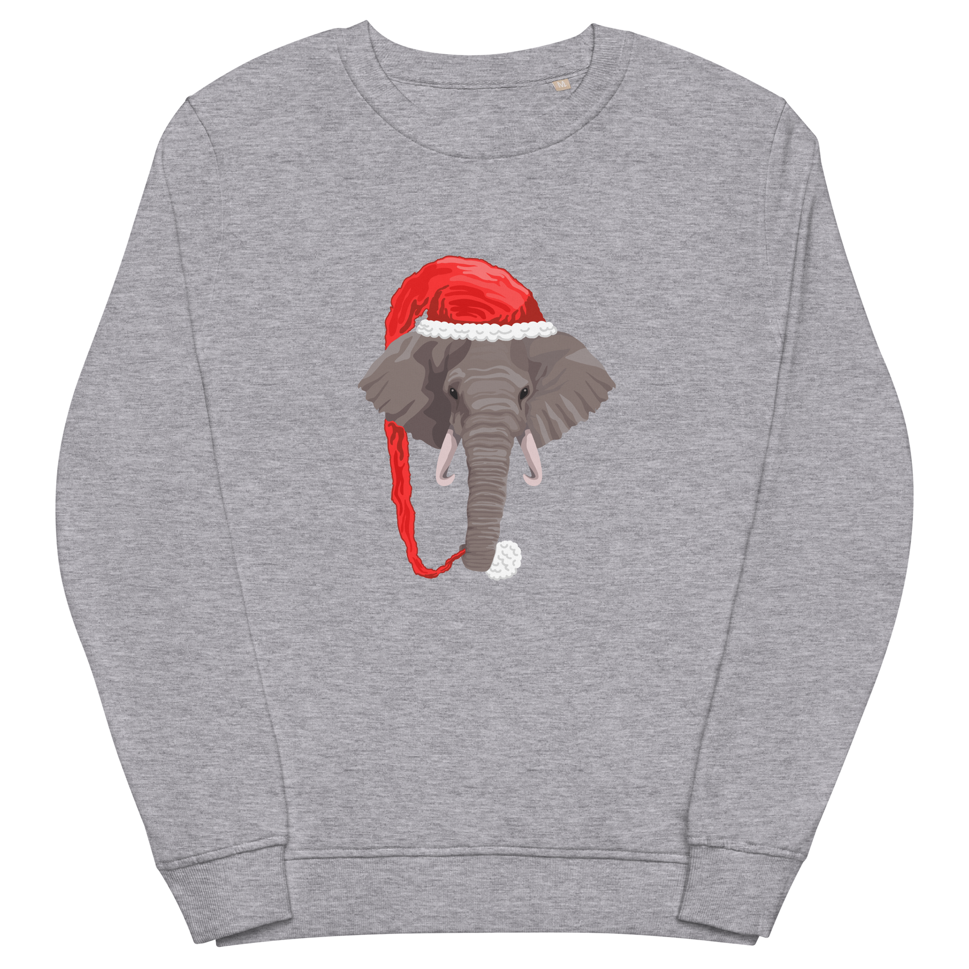 Grey Melange Organic Christmas Elephant Sweatshirt featuring a delight Elephant Wearing an Elf Hat graphic on the chest - Funny Christmas Graphic Elephant Sweatshirts - Boozy Fox