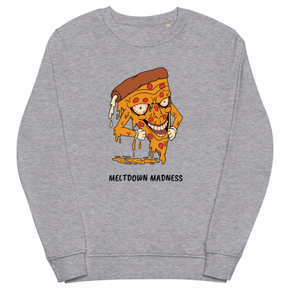 Grey Melange Organic Cotton Melting Pizza Sweatshirt featuring a Meltdown Madness graphic on the chest - Funny Graphic Pizza Sweatshirts - Boozy Fox