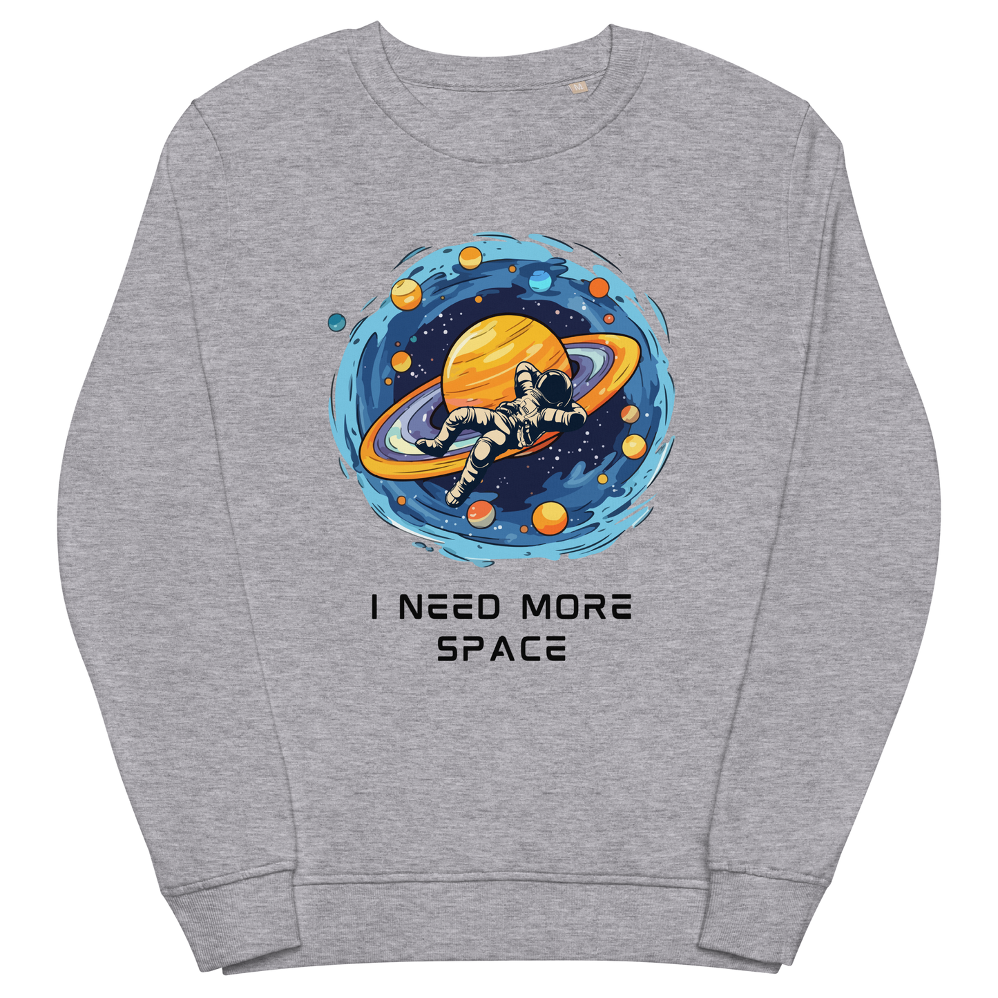 Grey Melange Organic Cotton Astronaut Sweatshirt featuring a captivating I Need More Space graphic on the chest - Funny Graphic Space Sweatshirts - Boozy Fox