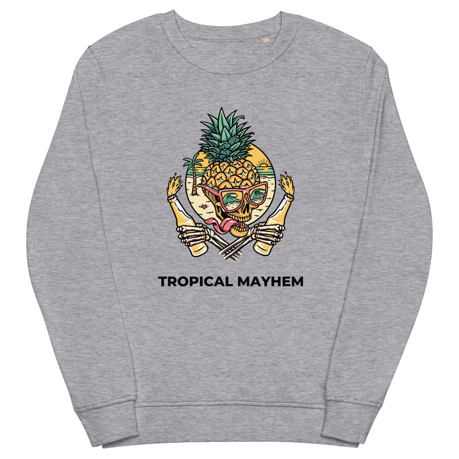 Grey Melange Organic Cotton Tropical Mayhem Sweatshirt featuring a Crazy Pineapple Skull graphic on the chest - Funny Graphic Pineapple Sweatshirts - Boozy Fox