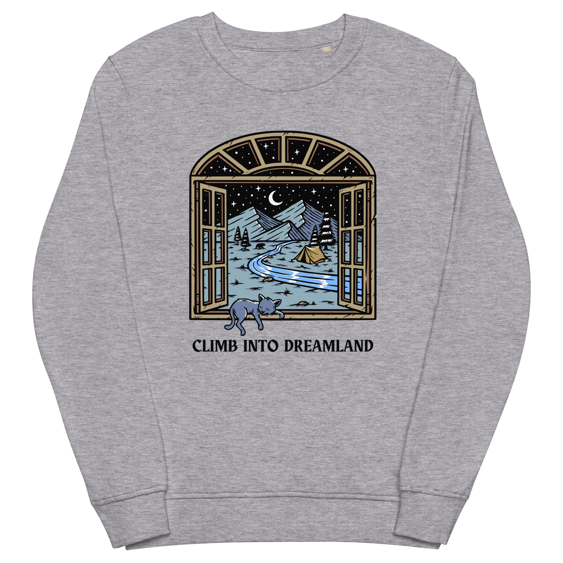 Grey Melange Organic Cotton Climb Into Dreamland Sweatshirt featuring a mesmerizing mountain view graphic on the chest - Cool Graphic Nature Sweatshirts - Boozy Fox