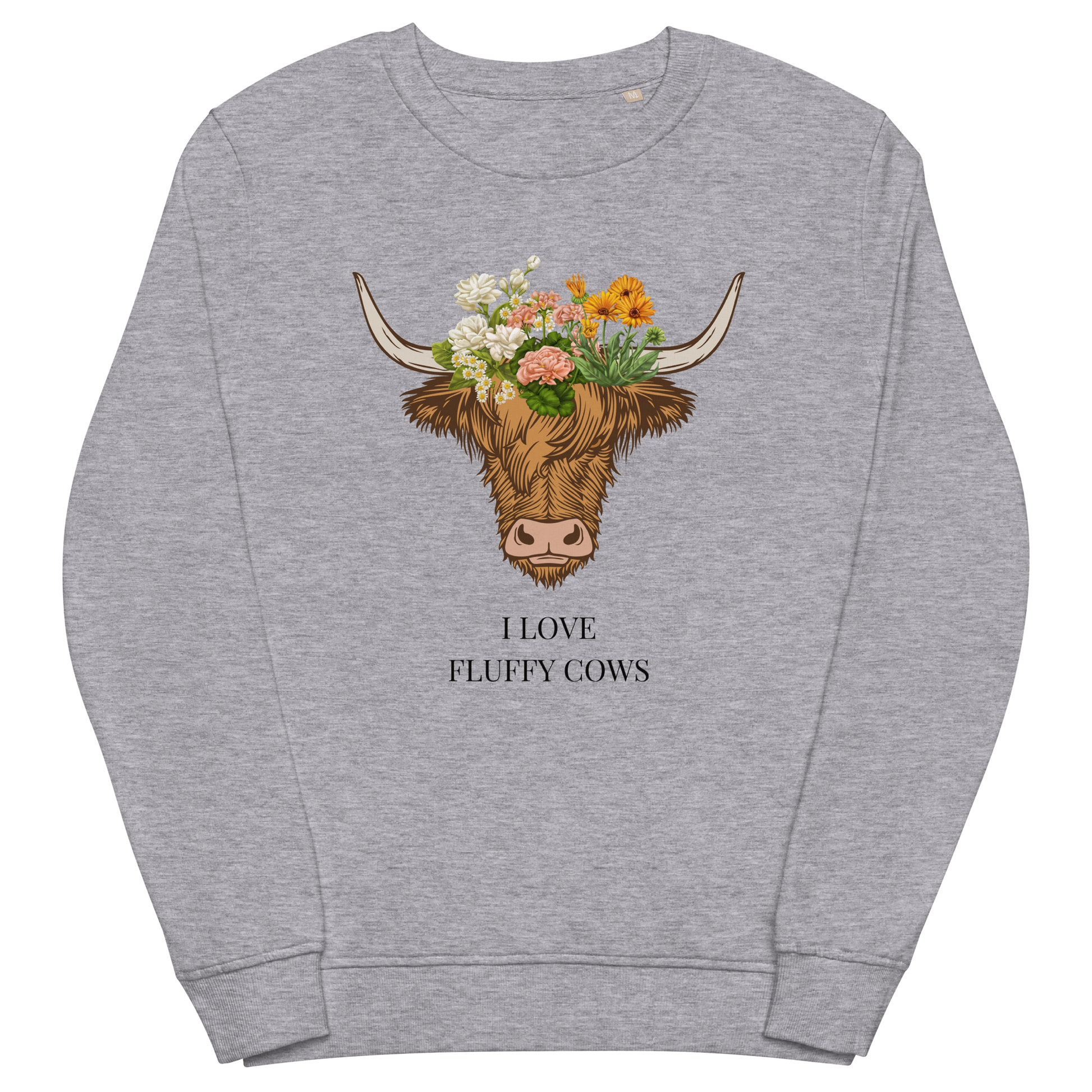 Grey Melange Organic Cotton Highland Cow Sweatshirt featuring an adorable I Love Fluffy Cows graphic on the chest - Cute Graphic Highland Cow Sweatshirts - Boozy Fox