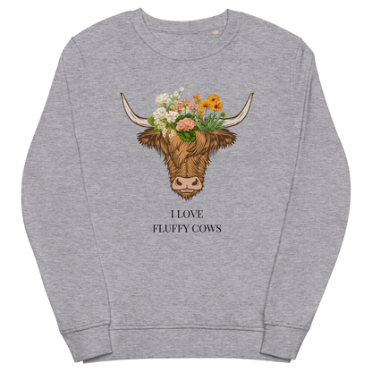 Grey Melange Organic Cotton Highland Cow Sweatshirt featuring an adorable I Love Fluffy Cows graphic on the chest - Cute Graphic Highland Cow Sweatshirts - Boozy Fox