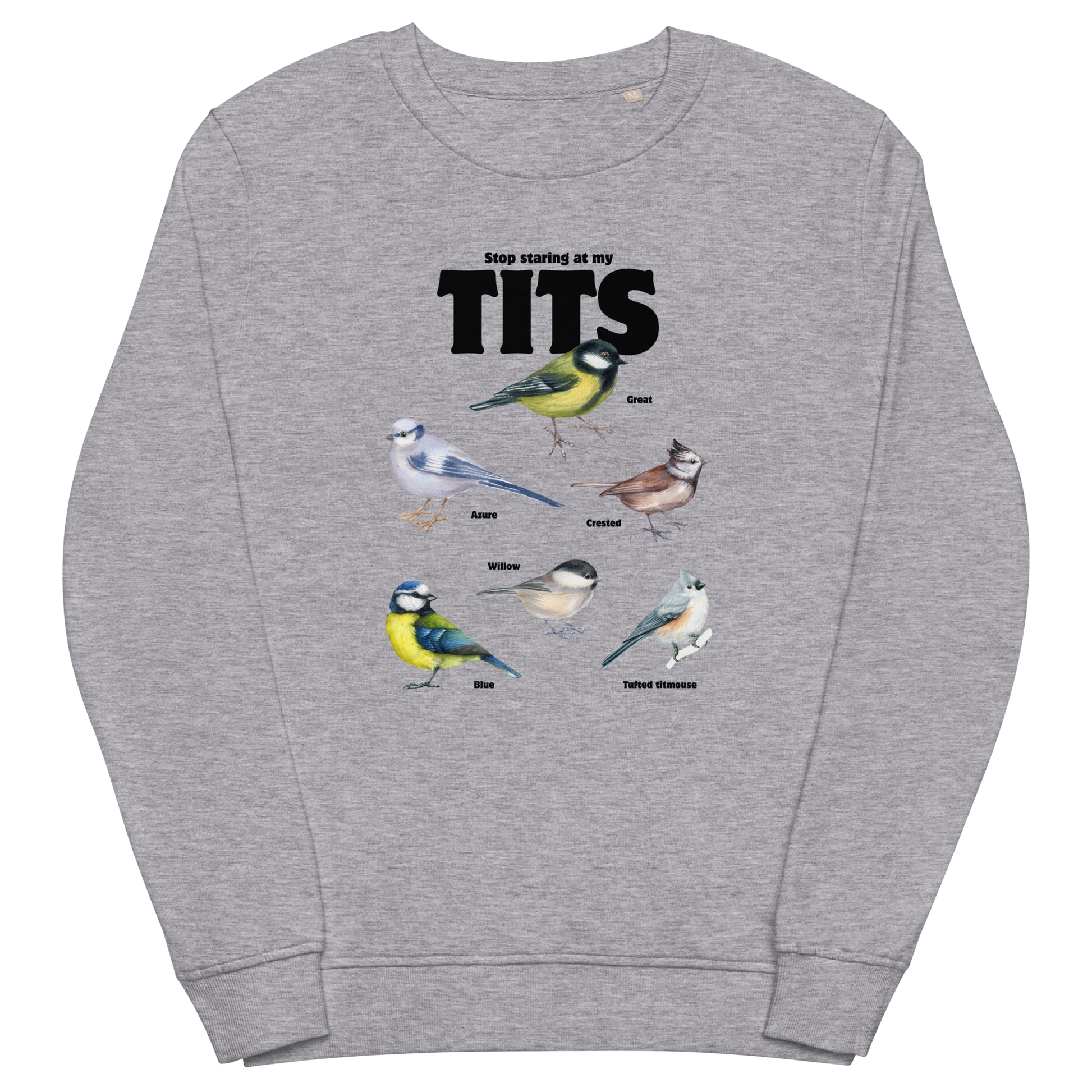 Grey Melange Organic Cotton Tit Sweatshirt featuring a funny Stop Staring At My Tits graphic on the chest - Funny Graphic Tit Bird Sweatshirts - Boozy Fox