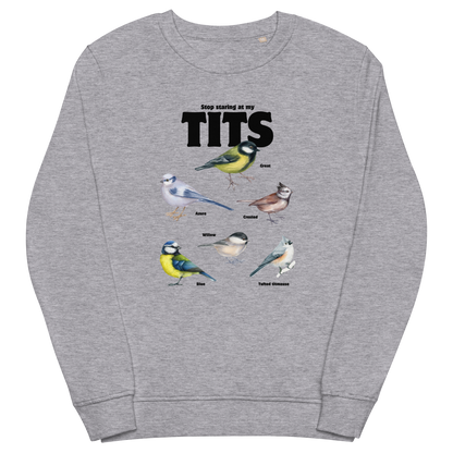 Grey Melange Organic Cotton Tit Sweatshirt featuring a funny Stop Staring At My Tits graphic on the chest - Funny Graphic Tit Bird Sweatshirts - Boozy Fox
