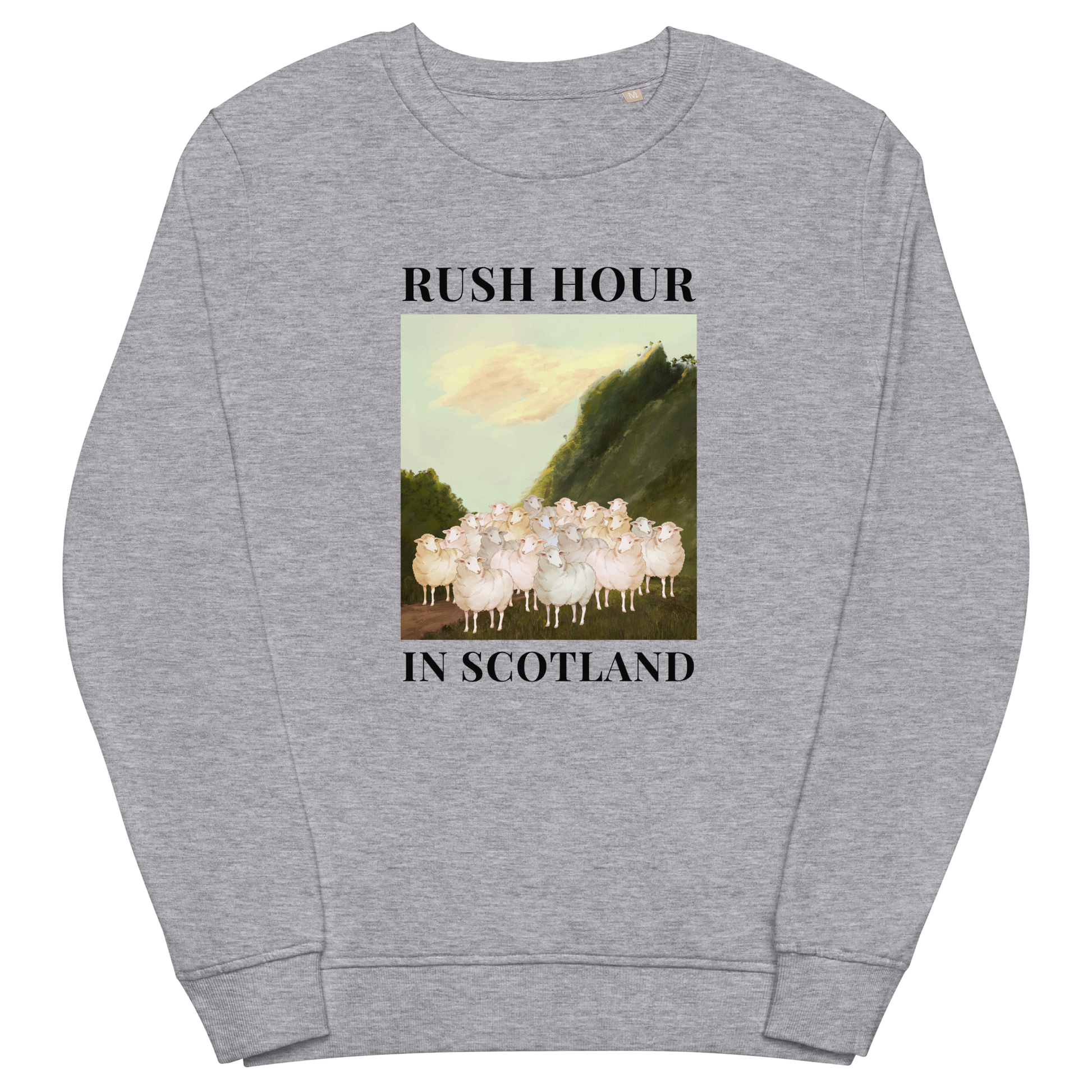 Grey Melange Sheep Organic Sweatshirt featuring a comical Rush Hour In Scotland graphic on the chest - Artsy & Funny Graphic Sheep Sweatshirts - Boozy Fox
