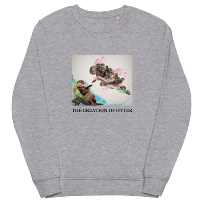 Grey Melange Organic Otter Sweatshirt featuring a playful The Creation of Otter parody of Michelangelo's masterpiece - Artsy/Funny Graphic Otter Sweatshirts - Boozy Fox