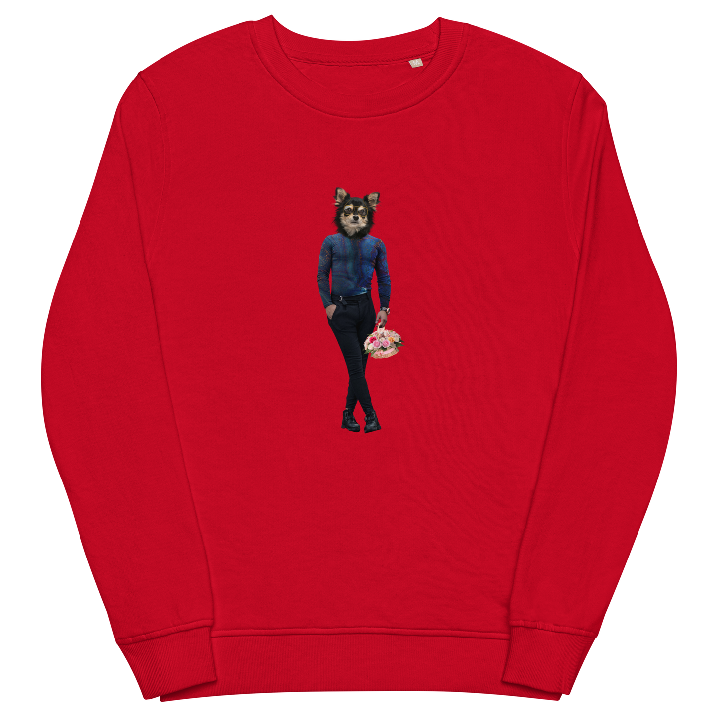 Red Organic Cotton Dog Sweatshirt showcasing a captivating Anthropomorphic Dog graphic on the chest - Cool Graphic Dog Sweatshirts - Boozy Fox