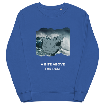 Royal Blue Organic Cotton Megalodon Sweatshirt featuring the jaw-dropping 'A Bite Above the Rest' graphic on the chest - Funny Graphic Megalodon Sweatshirts - Boozy Fox