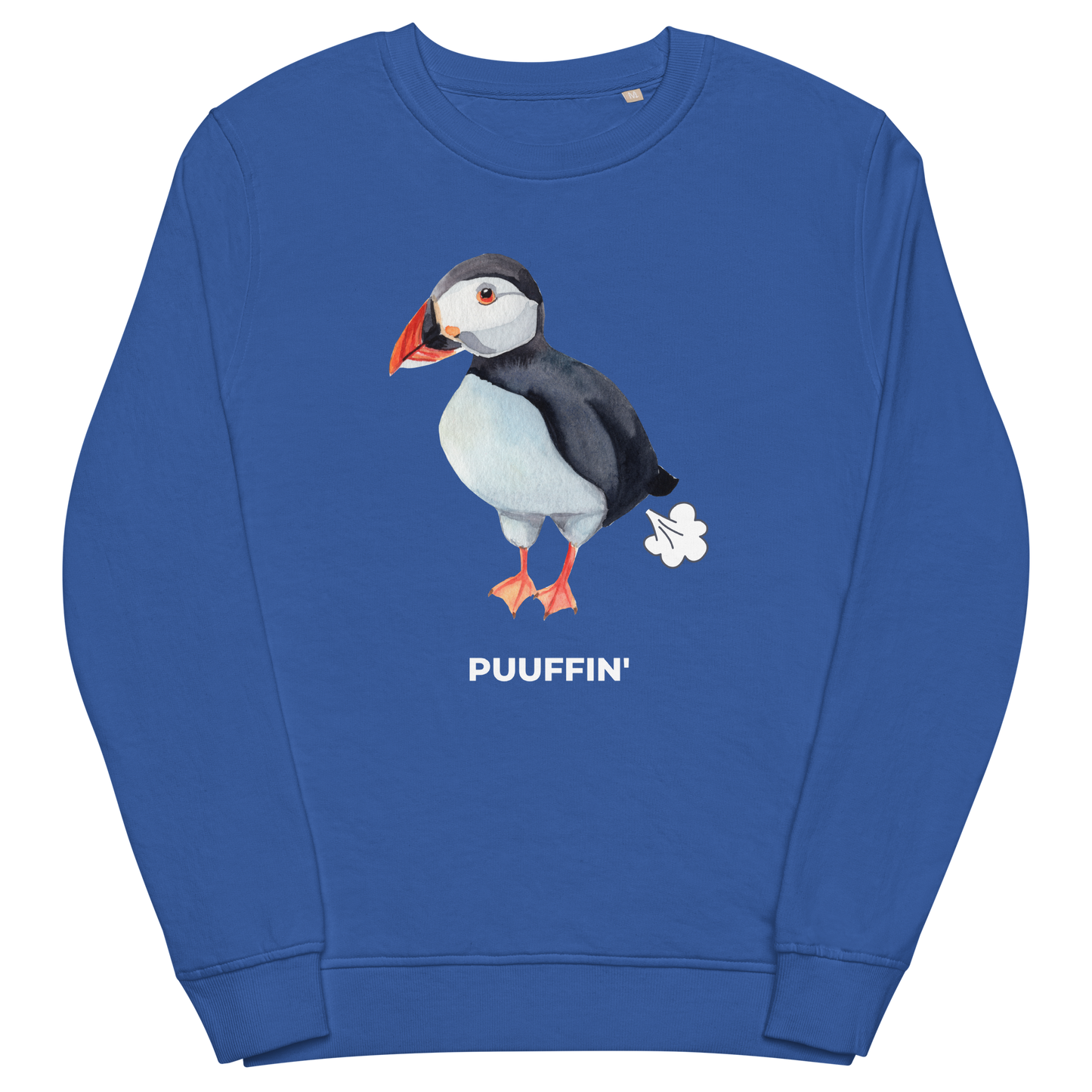 Royal Blue Organic Cotton Puffin Sweatshirt featuring a comic Puuffin' graphic on the chest - Funny Graphic Puffin Sweatshirts - Boozy Fox