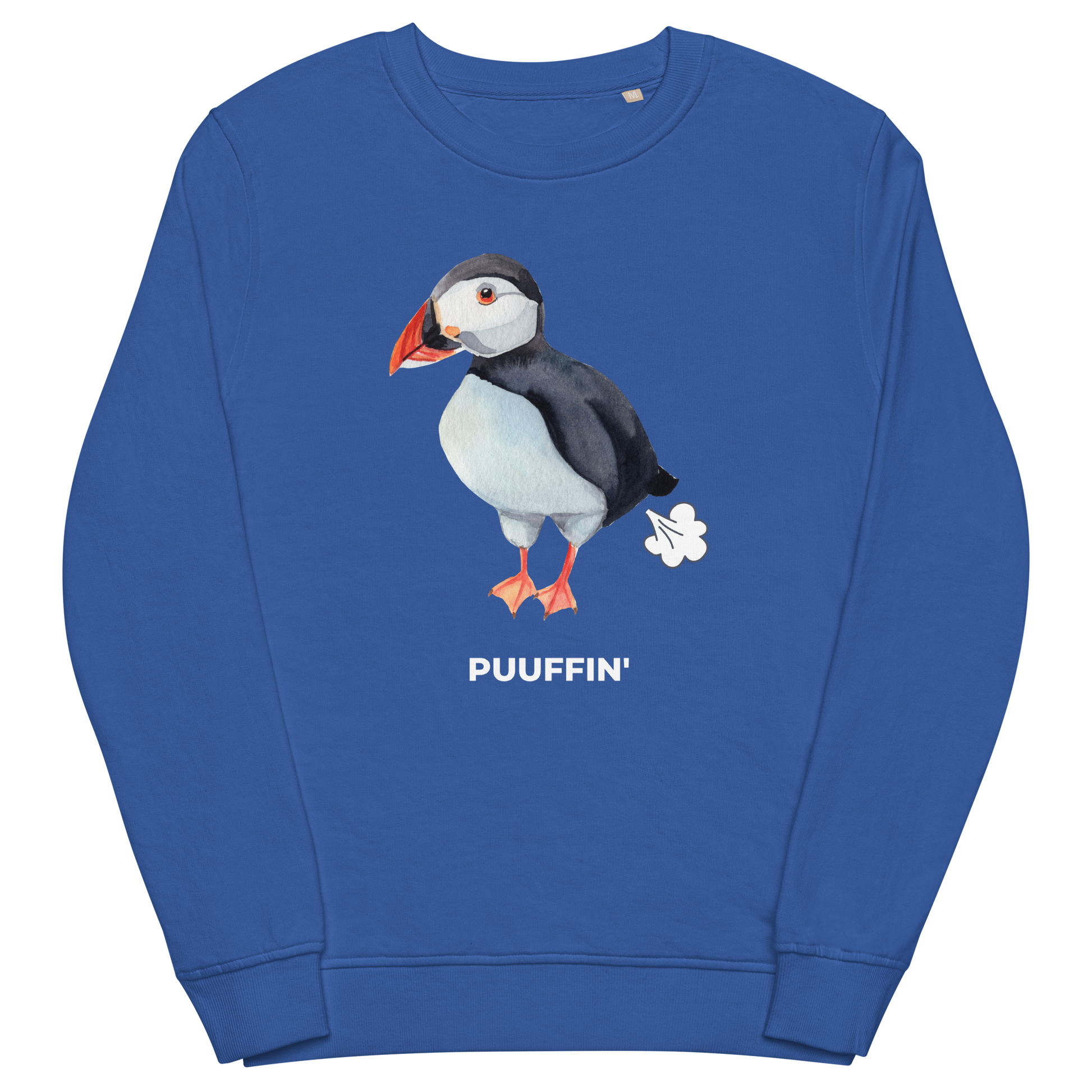 Royal Blue Organic Cotton Puffin Sweatshirt featuring a comic Puuffin' graphic on the chest - Funny Graphic Puffin Sweatshirts - Boozy Fox