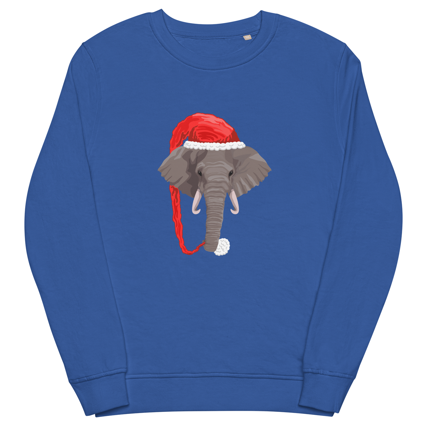 Royal Blue Organic Christmas Elephant Sweatshirt featuring a delight Elephant Wearing an Elf Hat graphic on the chest - Funny Christmas Graphic Elephant Sweatshirts - Boozy Fox